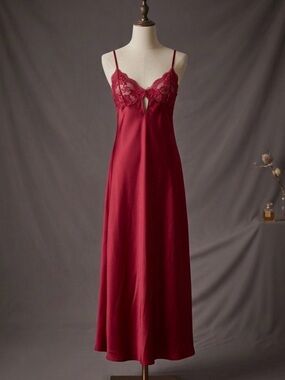 Etam Deep Red Lace-Trim Satin Chemise